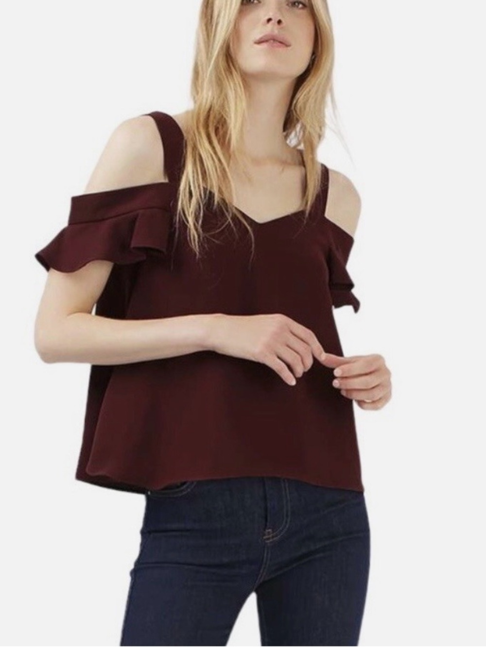 Topshop Burgundy Cold-Shoulder Ruffle Camisole
